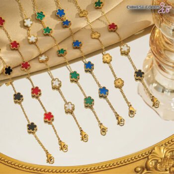 Trendy Five Leaf Flower Bracelet. titanium steel hand jewelry. With Colorful Adjustable Chain